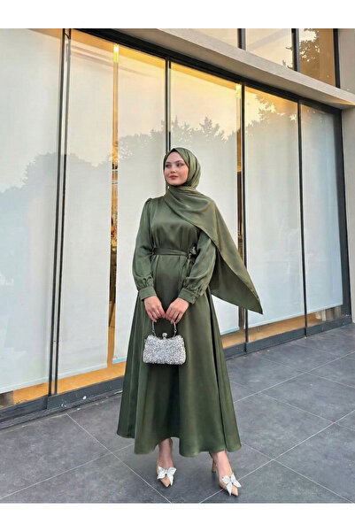 Lunsera Store فستان ساتان بتفاصيل حزام - كاكي