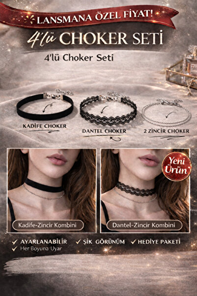 Liora De Mar 4’lü Choker Kolye Seti | Kadife, Dantel ve 2 Zincir Tasarım | Ay...