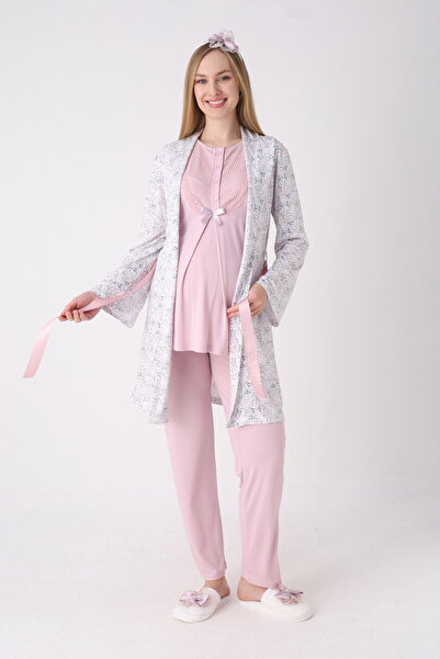 ERDENİZ TEKSTİL Patterned Robe and Buttoned Collar Detailed Maternity Pajamas...