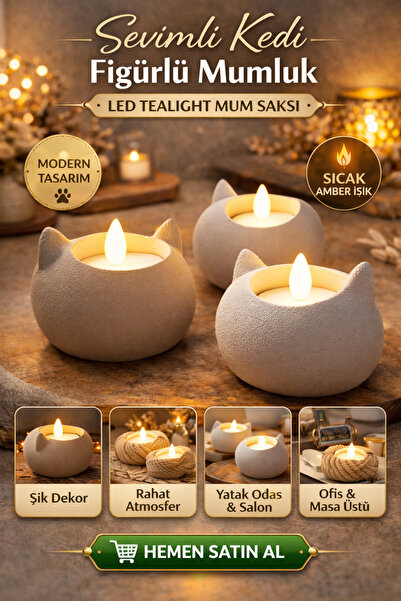 FLAMENT Sevimli Kedi Figürlü Dekoratif Mumluk – Tealight Mumluk – Modern Masa...