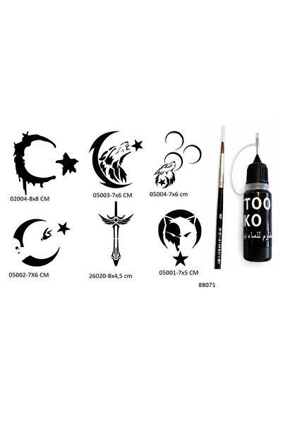 Airbrush Tattoo Türkçü Milliyetçi Desenler 6 Adet Şablon Likit Kalem Uçlu Geç...