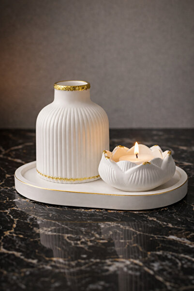StoneVia Modern Beyaz Gold Detaylı Dekoratif Vazo & Lotus Mumluk Seti – Tepsi...