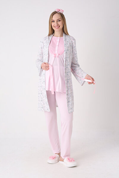 ERDENİZ TEKSTİL Patterned Robe and Buttoned Collar Detailed Maternity Pajamas...