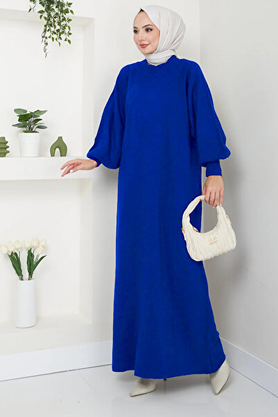Kirazgym Women's Balloon Sleeve Knitwear Hijab Long Dress - Saks Blue