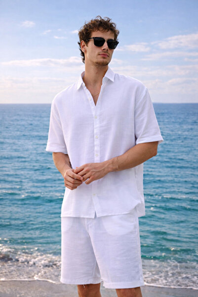 Pobudo Muslin Fabric White Summer Set - Shirt and Shorts Set