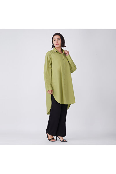 LINELLE Green Cotton Poplin High-Low Shirt with Embroidered Collar