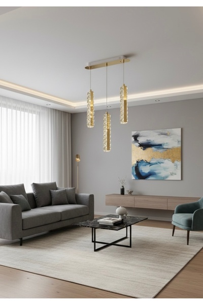 MİRAN HOME Modern Çubuk Şeklinde Gold 3lü Sıralı Sarkıt/ Taşlı Metal 3lü Sıra...