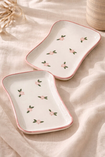 DİVAYS Pink Floral Patterned Ceramic Rectangular Serving Plate Set of 2