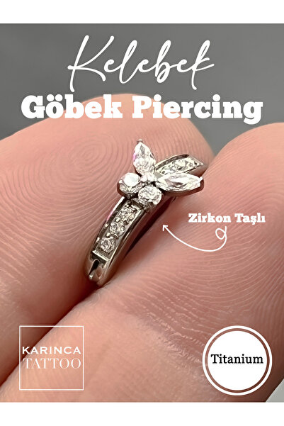 Karınca Piercing Kelebek Zirkon Taşlı Titanyum Göbek Piercing Klipsli (Kararm...