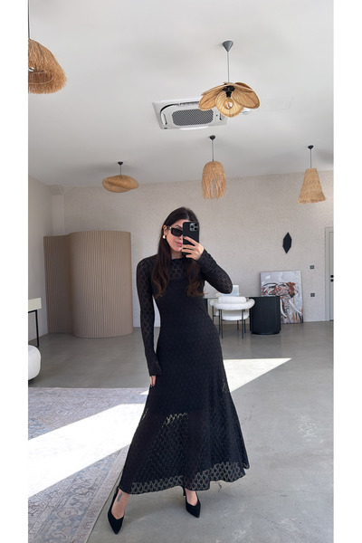 Buket Teke Black Long Sleeve Inner Dress Lined Lace Dress