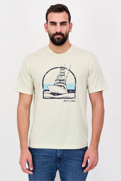 Mountain And Isles by Reel Pro Men Graphic Print Short Sleeve T-Shirt, Cream