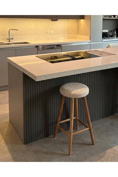 silla Concept Bar Tabure Teddy Krem Kumaş Naturel Ahşap Ada Taburesi