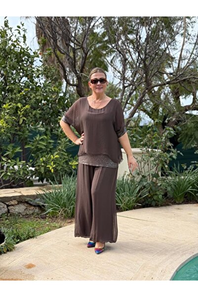 Punta Otantik طقم حرير إيطالي مطرز بالترتر NC2161 باللون البني