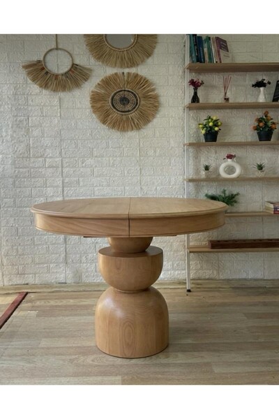silla Boğum Ayaklı Masa Ahşap Yuvarlak Naturel Renkli Açılır Masa (ÇAP 90 CM)
