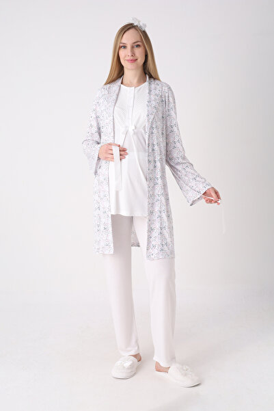 ERDENİZ TEKSTİL Patterned Robe and Buttoned Collar Detailed Maternity Pajamas...