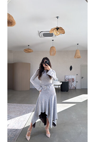 Buket Teke Kırçıllı Kemerli Asimetrik Elbise