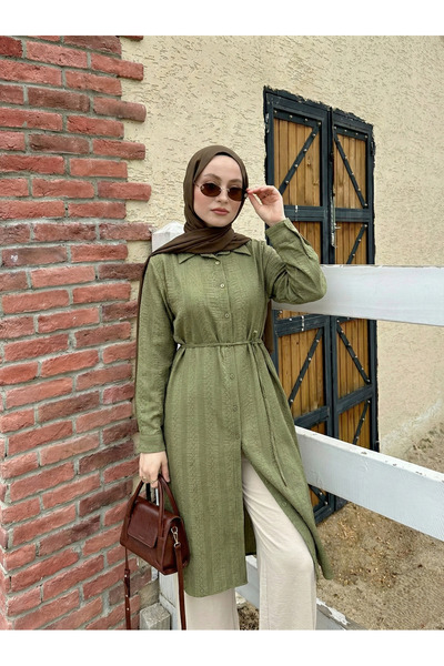 Lunsera Store Omuz Pile Geniş Raporlu Jakar Keten Tunik-Haki