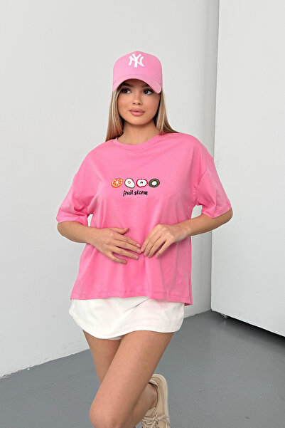 GİYSA Women's Fruit Embroidered 100% Cotton T-Shirt Pink - 26Y 26518
