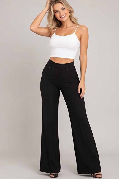 rekor sports Pantaloni negri de damă cu talie înaltă și croială largă, cu asp...