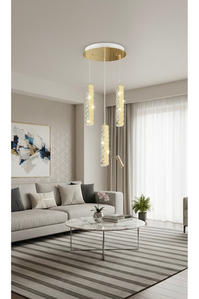 MİRAN HOME Modern Çubuk Şeklinde Gold 3lü Sarkıt/ Taşlı Metal 3lü Gold Sarkıt...