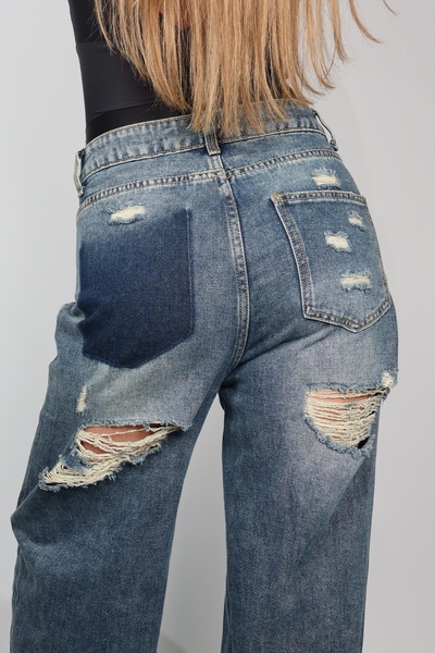 NicoleShop Medium Blue Wide Leg Jeans with Distressed Details and Contrasting...