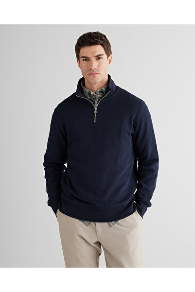 Gant Erkek Lacivert Yarım Fermuarlı Herringbone Kazak