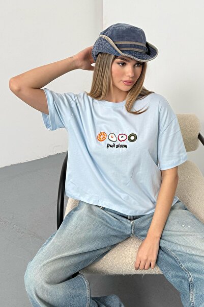 GİYSA Women's Fruit Embroidered 100% Cotton T-Shirt Blue - 26Y 26518