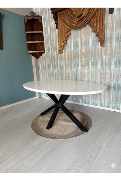 Meser Mobilya Modern Beyaz Oval Yemek Masası - Siyah Metal X Ayaklı Salon ve ...