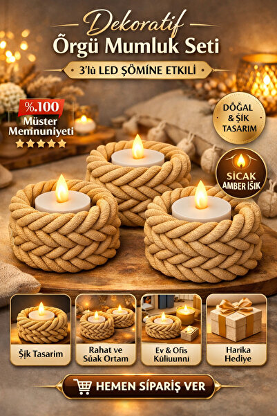 FLAMENT Dekoratif Örgü Mumluk – Bej Renk Tealight Mumluk – Modern Masa Üstü E...