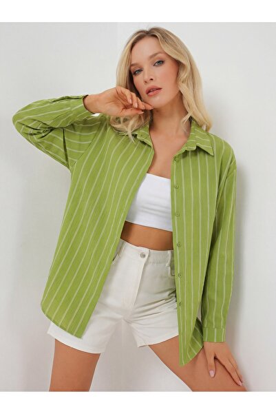 Merterium قميص نسائي مخطط كبير الحجم 1346 - أخضر داكن