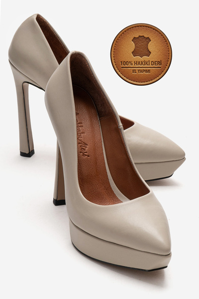 Ayakkabı Ateşi Genuine Leather Women's Beige Leather Platform Heeled Shoes Po...