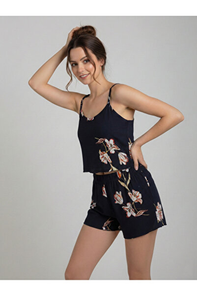 NEW JOURNAL Women's Navy Blue Floral Patterned Shorts Pajama Set Nj93
