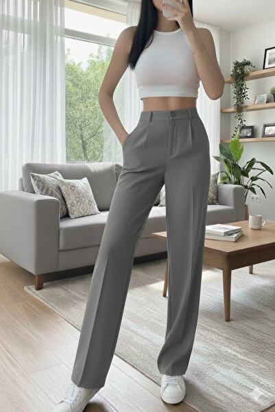 Modayıldızlar Mr Women's Gray High Waist Palazzo Pants with Pleated Button De...
