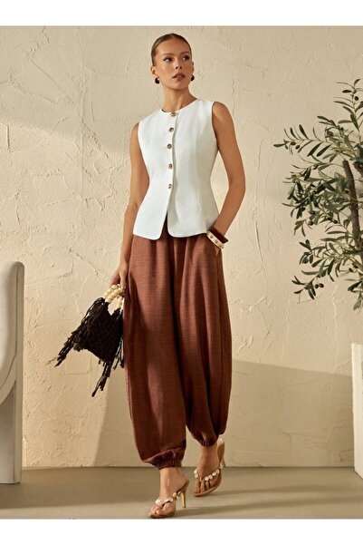moda paketi Ecru Buttoned Lined Vest & Brown Shalwar Linen Trousers – Stylish...