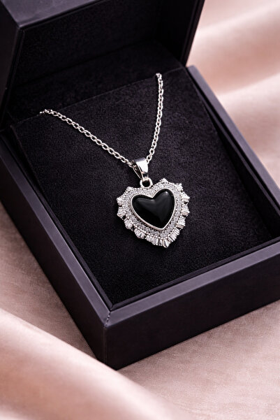 Westia Black Heart Stone Women's Steel Necklace |   Zircon Framed Silver Styl...
