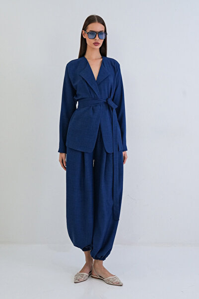 Trend Alaçatı Stili Women's Navy Blue Linen Elastic Cuffed Jogger Pants and S...