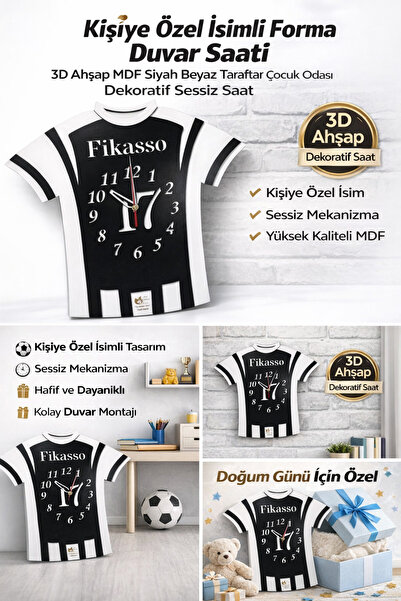 evolise Kişiye Özel Beşiktaş İsimli Forma Duvar Saati 3D Ahşap MDF Taraftar Saat