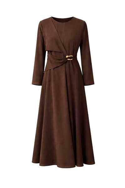 ECK MODA Women's New Season Sandy Fabric Full Lycra Flexible Buckle Detail Dress