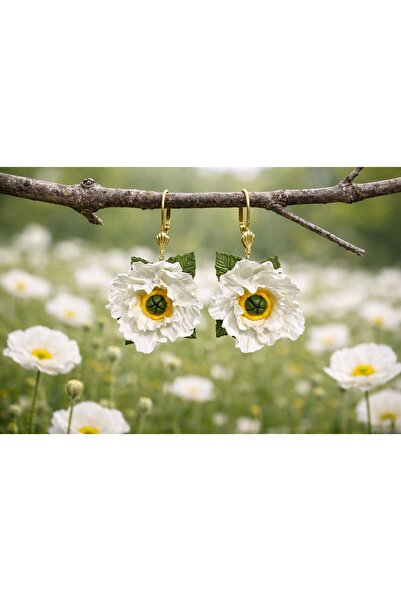 Nacreous Arts Moonlight Poppy Beyaz Gelincik Küpe – El Yapımı Polimer Kil Sal...