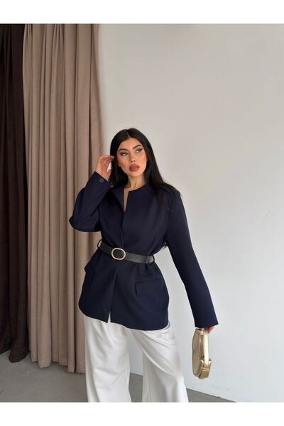 ParlaMira Women's Navy Blue Belted Lined Blazer Jacket