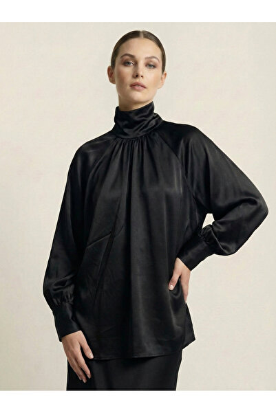 NEW JOURNAL Women's Black Balloon Sleeve Satin Shirt Nj99