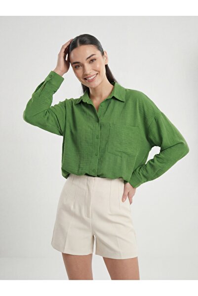 Merterium Women's Single Pocket Oversize Linen Shirt 1073 - Dark Green