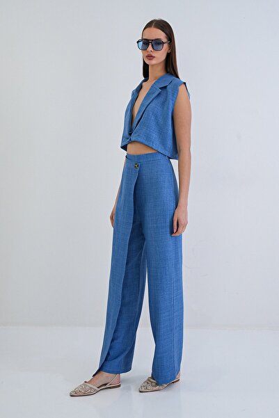 Trend Alaçatı Stili Women's indigo linen vest and wrap cut high waist zippere...