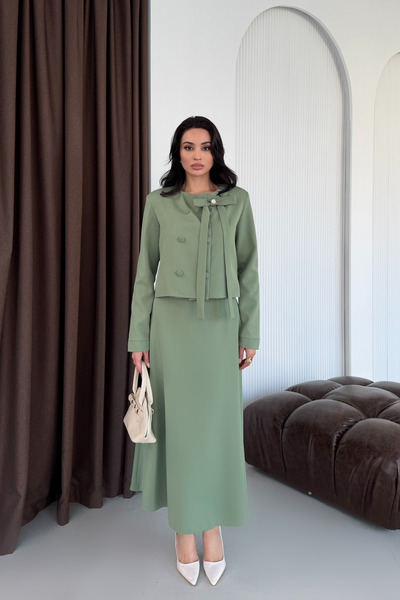 Serica Moda Green Baby Collar Bow Detailed Jacket Skirt Set