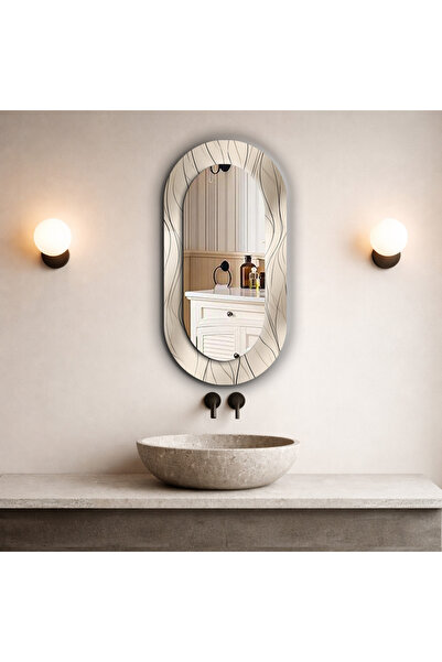 Meteor Medya Bej İnce Çizgili Oval Duvar Aynası – Modern Dekoratif Salon ve B...