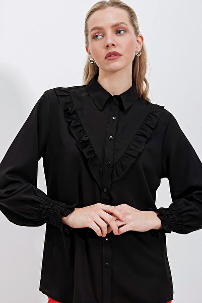 Merterium Women's Ruffled Long Sleeve Shirt Black 1030