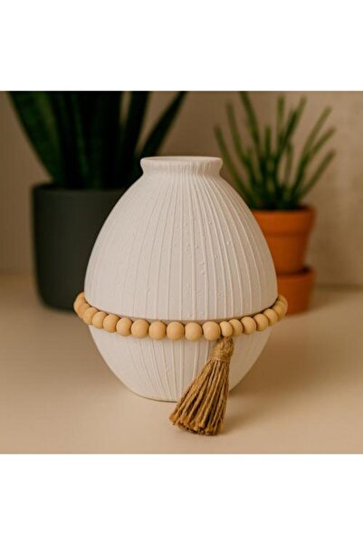Generis Bohemian Ceramic Vase with Wooden Beads and Tassel