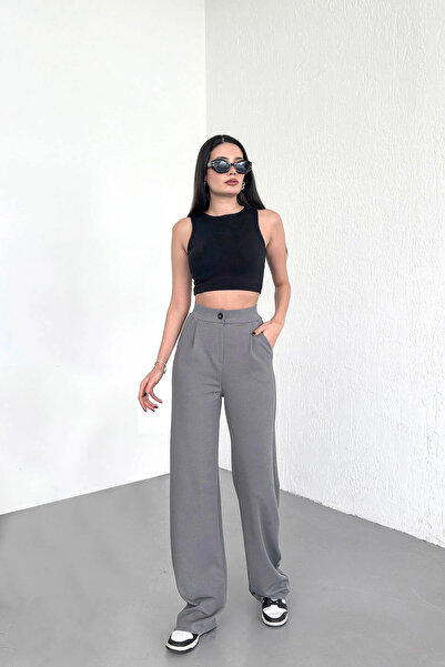 Modayıldızlar Mr Women's Gray High Waist Pleated Buttoned Flexible Comfortabl...