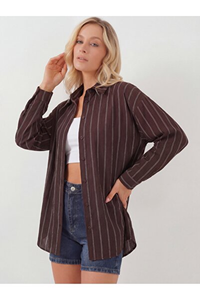 Merterium Women's Striped Oversize Shirt 1346 - Brown