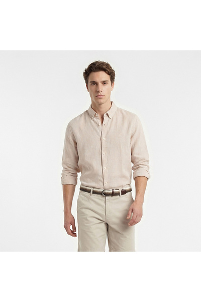 Nautica Erkek Bej Regular Fit Keten Gömlek